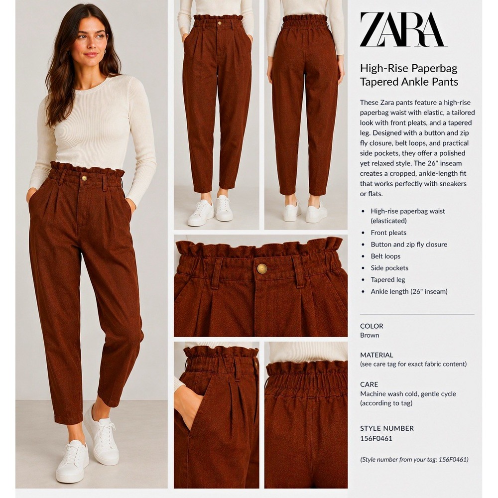 ZARA Women's Brown Paperbag High Rise Tapered Ankle Twill Pants Pockets L